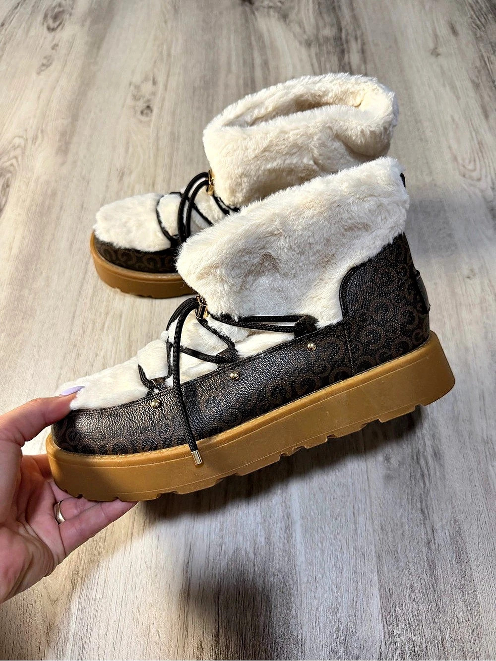 Guess Fur-Lined Lace-Up Winter Boots in Brown & Cream